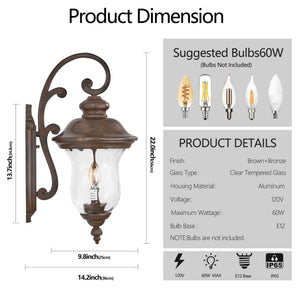 English Elm 22"(H) Vintage Outdoor Wall Lantern - Brown Bronze Aluminum & Clear Glass, Weatherproof 2-E12 Sconce Fixture W1340P209947