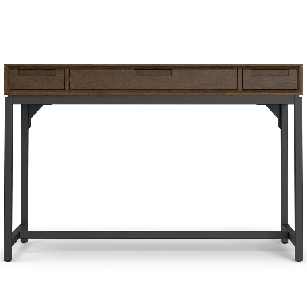 English Elm Banting Mid Century Small Desk in Walnut Brown – Solid Rubberwood, Metal Base, 2 Drawers + Keyboard Tray B136P283768