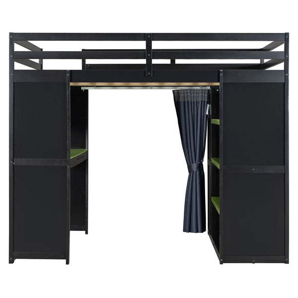 English Elm Full Size Wood Loft Bed with Wardrobe Desk Shelves Rgb Lighting and Blackout Curtains Black+Green LT000269AAF-1