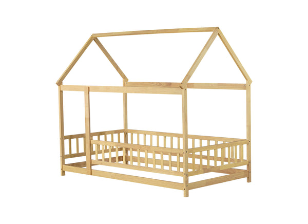English Elm Twin House Shaped Floor Bed Solid Rubberwood Frame with Guardrails for Kids W504P370545