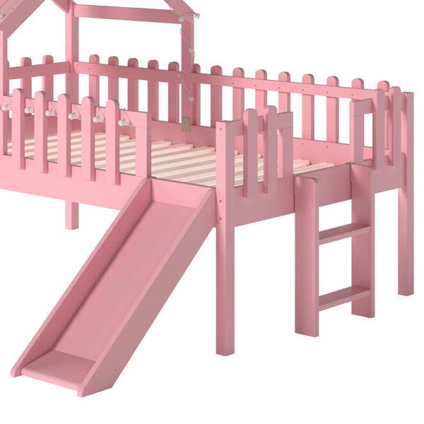 English Elm Twin Playhouse Loft Bed Solid Pine Frame with Slide Led Lights and Star Roof Pink W5316S00003