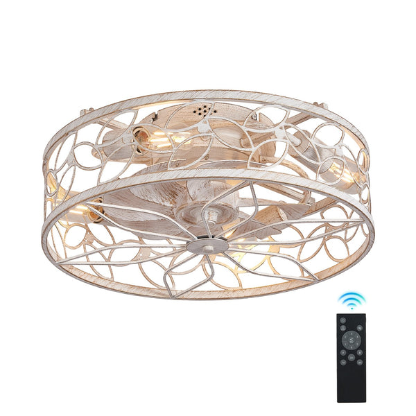 English Elm 18-inch Vintage Caged Ceiling Fan Light with Remote, Quiet DC Motor, Industrial Farmhouse Fixture White W1340P246415