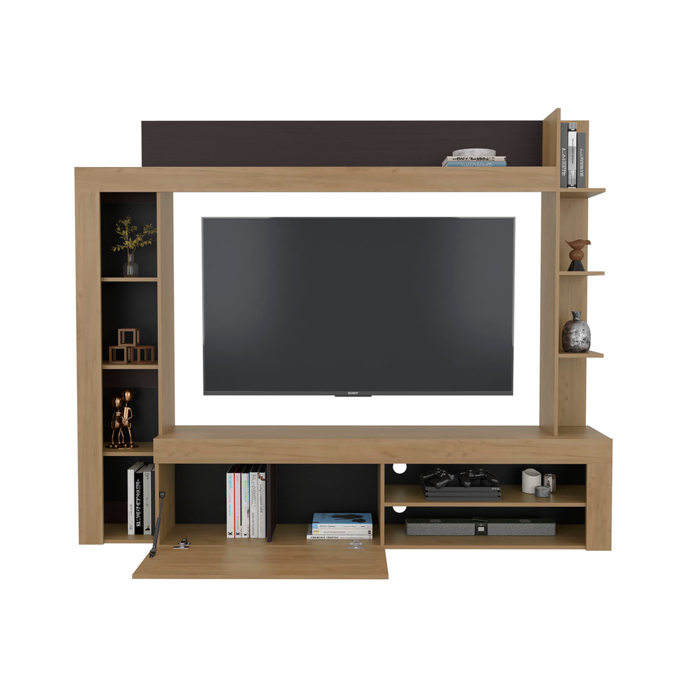 English Elm Entertainment Center Two Tone Oak Wengue Wall Unit with Open Shelving for Living Room B097S00239