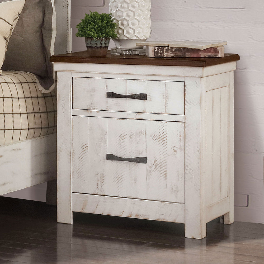 English Elm 3 Drawer Nightstand with USB Charging Ports, Distressed White & Walnut Finish, Dovetail Drawers for Durable, Classic Bedroom Storage B016P252820