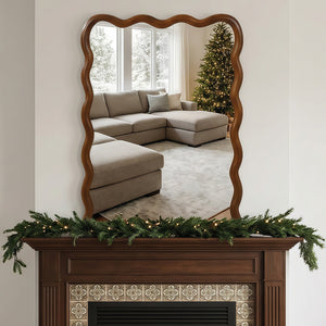 English Elm Black Walnut Solid Wood Wavy Frame Mirror Sculptural Bohemian Accent for Any Room W2203P455232