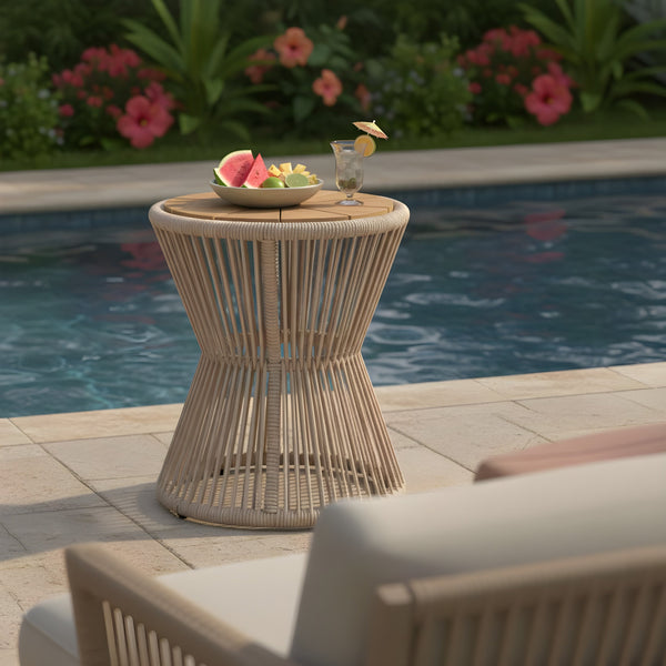 English Elm Outdoor Acacia Wood Top Side Table Woven Rope Iron Frame Hourglass Patio Accent Beige,Light Teak N770P354690L