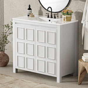 English Elm 36" Bathroom Vanity Organizer with Ceramic Sink, Solid Wood Distressed Finish, Hand-Painted Charm and Ample Storage Antique White N729P255666K