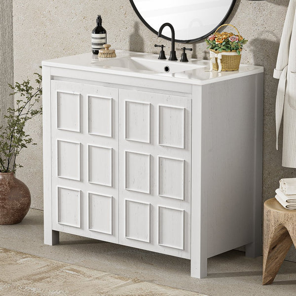 English Elm 36" Bathroom Vanity Organizer with Ceramic Sink, Solid Wood Distressed Finish, Hand-Painted Charm and Ample Storage Antique White N729P255666K