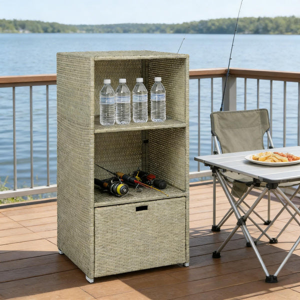 English Elm Outdoor Wicker Towel Rack Two Shelf Pe Rattan Poolside Storage for Patio or Bath Grayish T3971P486660