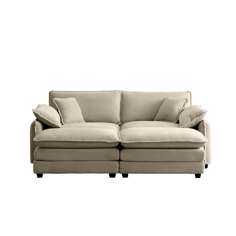 English Elm Two-Seater Theater Sofa With Ottoman – Retro-Inspired Tan Corduroy Comfort For Small Spaces! W714S00711-GIGA