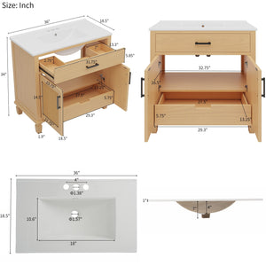 English Elm Christopher Knight Home® - 36" Rattan Bathroom Vanity with Ceramic Sink and Soft-Close Drawers, Handwoven Door Texture, Solid Wood Legs, Spacious Storage Elegance Natural N817P271077N