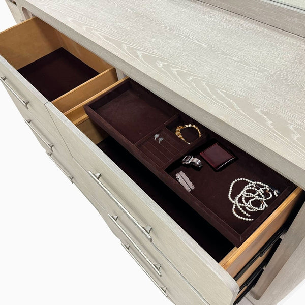 English Elm Dresser with Beveled Mirror Six Drawer Solid Acacia Light Gray Transitional Bedroom B2741S00859