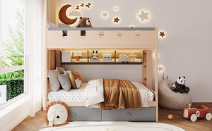 English Elm Full Size Castle Bunk Bed with Led Lighting Built in Shelf and Storage Drawers Gray LT000159AAE
