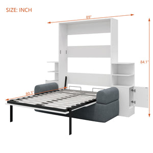 English Elm Full Size Murphy Bed System with Integrated Sofa and Storage Towers for Guest Rooms White+Gray LP000380AAE