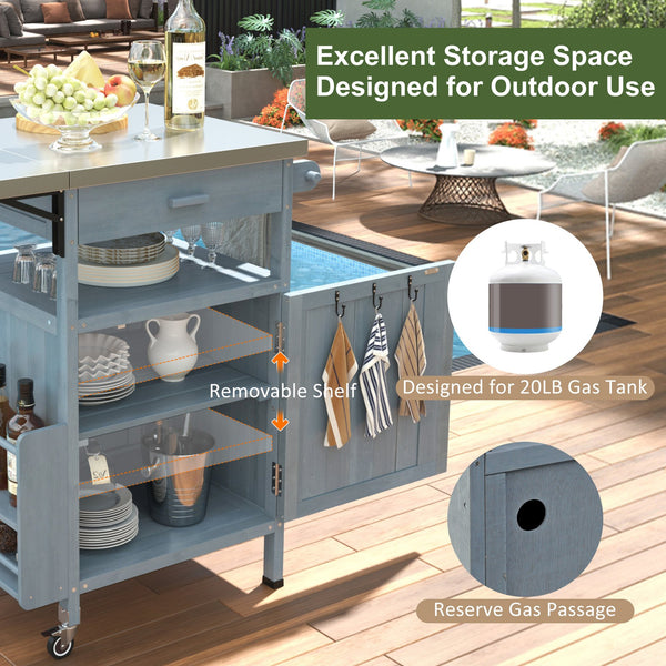 English Elm K&K 40.5" Outdoor Grill Cart with 201 Stainless Top, Solid Fir Storage, Drop Leaf & Lockable Wheels Blue+Grey N707P228272G