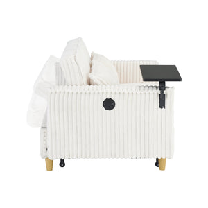 English Elm The pull-out corduroy sofa bed with convertible tabletop and USB charging ports for living room comfort Beige W1278P248126