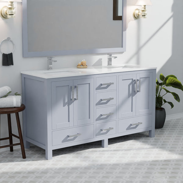 English Elm Dark Grey Double Bath Vanity 60" W x 22" D with Cultured Marble Top, Chrome Faucet & 58" Mirror, Durable B2731S01019