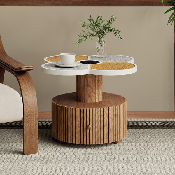 English Elm Unique Clover Shaped Stone Texture Side Table with Drawer Organic Sculptural Accent N770P355454N
