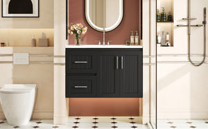 English Elm 36'' Wall Mounted Bathroom Vanity with Ceramic Sink, Solid Wood & MDF Floating Cabinet with Drawers Black N710P293299B