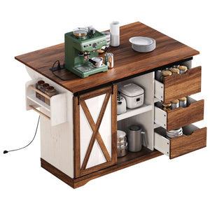 English Elm K&K 55.5" Farmhouse Kitchen Island with Sliding Barn Door, Drop Leaf, Charging Station, Wheels White N707P288229W