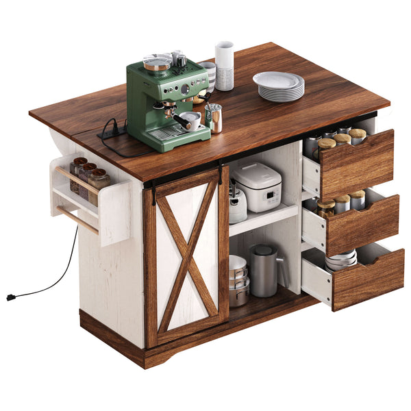 English Elm K&K 55.5" Farmhouse Kitchen Island with Sliding Barn Door, Drop Leaf, Charging Station, Wheels White N707P288229W