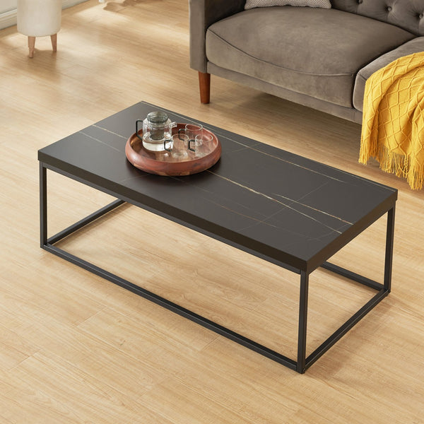 English Elm 47" Faux Stone Slab Coffee Table with Powder-coated Steel Frame for Modern Loft Living Black Marble-Look Sintered Stone W3151P400579