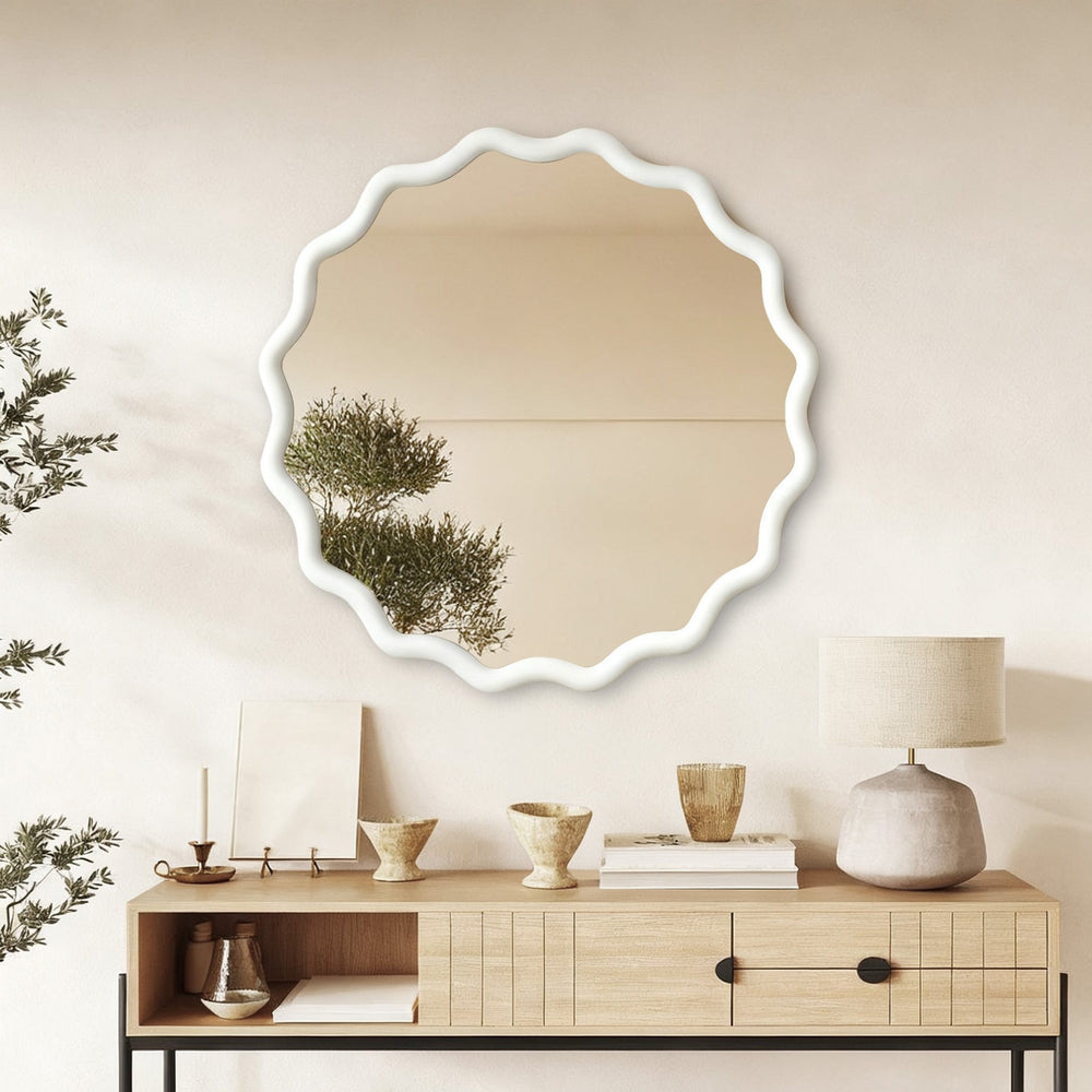 English Elm White 36 Inch Wavy Round Solid Wood Frame Mirror – Rustic Boho Decorative Wall Mirror for Home Vanity W2203P389085