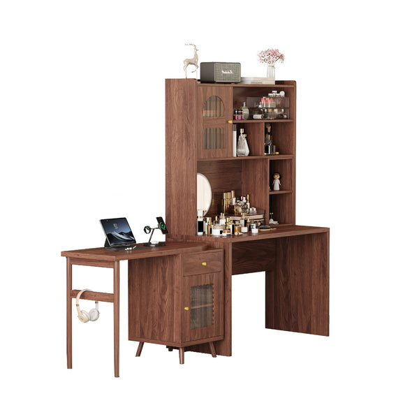 English Elm Computer Desk with Rotating Extension Panel Walnut Finish Glass Cabinets Home Office N733S363716D