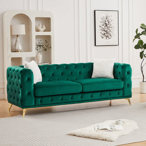 English Elm Fx Chesterfield Velvet Sofa with Diamond Tufting Polished Legs and Accent Pillows Green W1926S00081