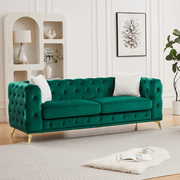 English Elm Fx Chesterfield Velvet Sofa with Diamond Tufting Polished Legs and Accent Pillows Green W1926S00081