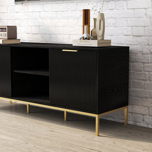 English Elm Modern Wave Door Media Console with Gold Legs Soft Close Hinges and Open Shelf W3151P407896