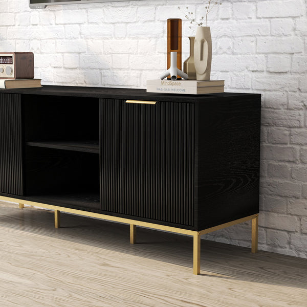 English Elm Modern Wave Door Media Console with Gold Legs Soft Close Hinges and Open Shelf W3151P407896