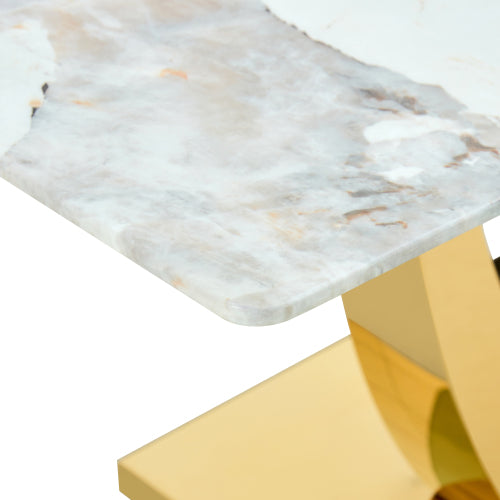 English Elm Modern Glass Dining Table with Gold V-shaped Steel Base Seats Six for Elegant Spaces W2827S00026