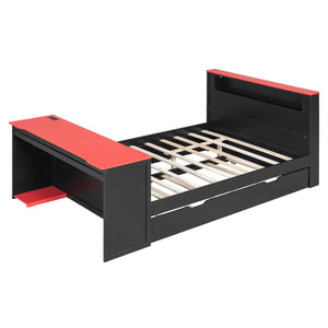 English Elm Full Size Wood Platform Daybed with Trundle Desk Rgb Led Lighting Gaming Bedroom Black+Red LT000284AAR