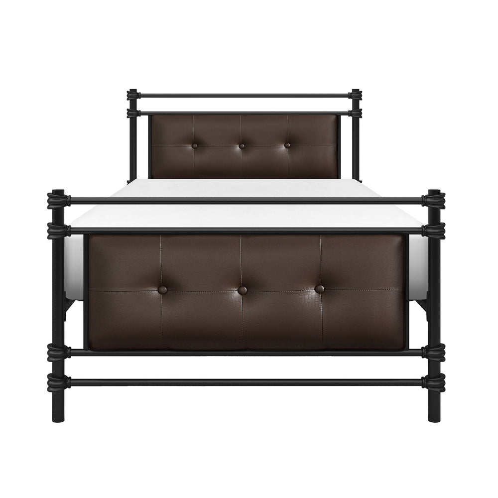 English Elm 1pc Twin Platform Bed Jayla Collection Black Metal Frame with Brown Faux Leather Button-Tufted Headboard Footboard 40.25"x77.75" B011P364408