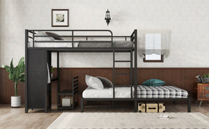 English Elm Queen Over Queen Bunk Bed Frame With Desk, Storage Chairs & Wardrobe – Space-Saving Black Design W1580S00110-GIGA