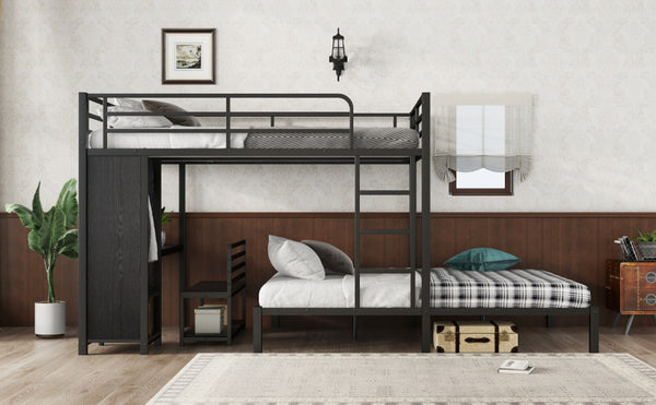 English Elm Queen Over Queen Bunk Bed Frame With Desk, Storage Chairs & Wardrobe – Space-Saving Black Design W1580S00110-GIGA