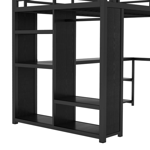 English Elm Full Size Loft Bed Frame With Wardrobe, Desk & Storage Shelves - Modern Black Metal Design W1580S00120