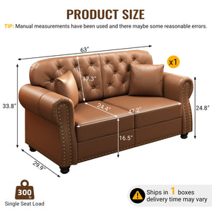 English Elm 63"upholstered Faux Leather Loveseat with Tufting Nailhead Trim Chesterfield Style Brown W1885P469597