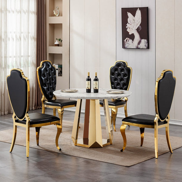 English Elm 47" Round Marble Dining Table - Modern High Gloss Faux Marble Top & Stainless Steel Base For Stylish Spaces W3456S00010