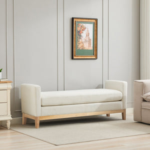 English Elm 66.34"W Elegant Upholstered Bench With Natural Wood Legs & 2 Bolster Pillows For Stylish Seating W3188S00018