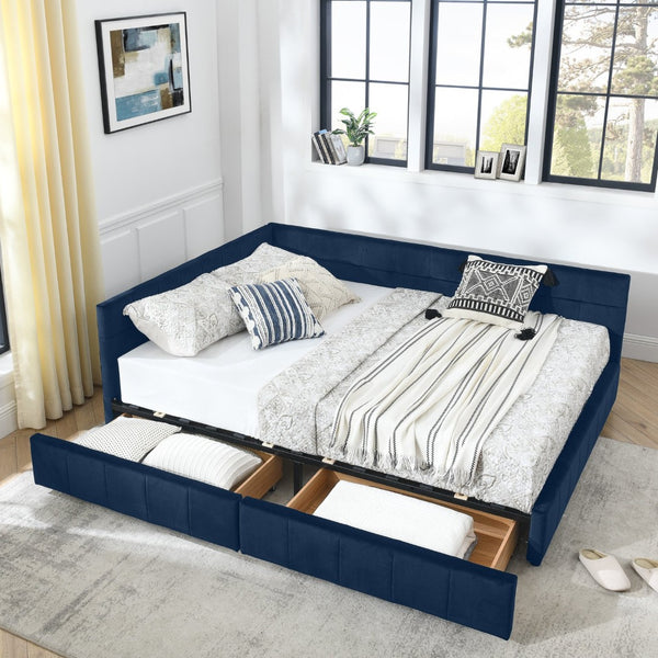 English Elm Queen Size Stylish Tufted Storage Bed Frame In Dark Blue Velvet - Multifunctional Sofa & Bed Combo W487S00279-GIGA