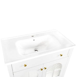 English Elm 35.6" Freestanding Bathroom Vanity with Roman Column Base and Ceramic Integrated Sink White W1801S00001