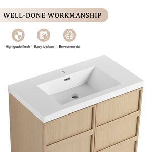 English Elm 36" Freestanding Bathroom Vanity Plywood Base Resin Sink Soft Close Storage W999S00509