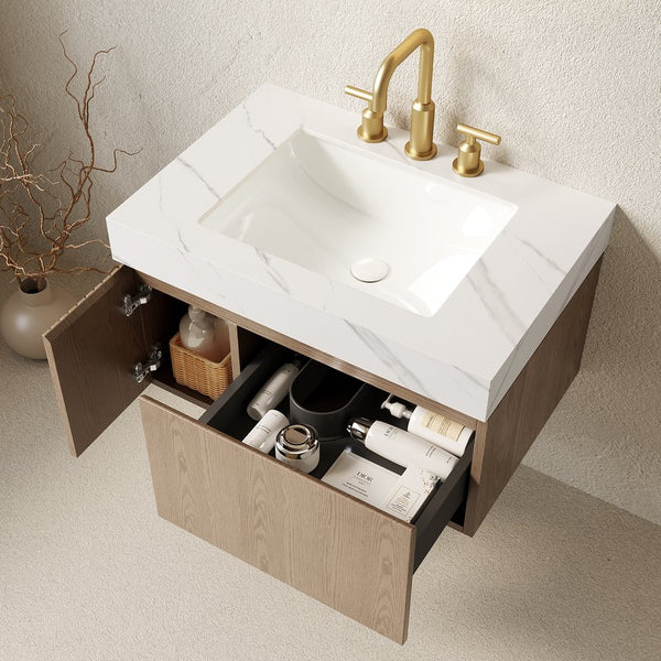 English Elm Muri Floating Bathroom Vanity Plywood Cabinet Sintered Stone Top Oak Drawer W2615S00639