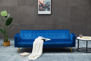 English Elm Sofa Bed Velvet Upholstered Convertible with Gold Metal Legs for Studio Spaces Dark Blue B205P246427