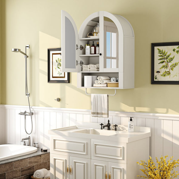 English Elm Wall Mounted Arched Cabinet Tempered Glass Doors Led Lighting Adjustable Shelves Bathroom White T3210P471556