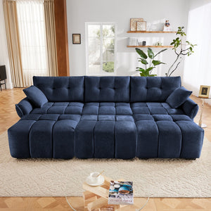 English Elm 3-Seater Sofa Set With 3 Ottomans & Pillows - Elegant Blue Chenille, Solid Wood Frame, Stylish Comfort W714S01151