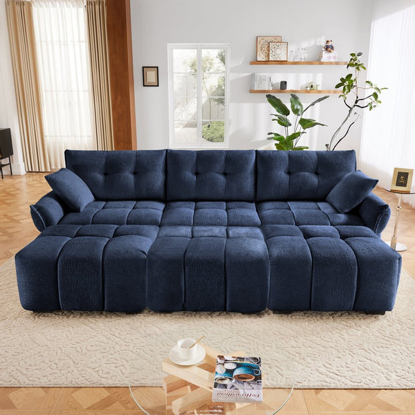 English Elm 3-Seater Sofa Set With 3 Ottomans & Pillows - Elegant Blue Chenille, Solid Wood Frame, Stylish Comfort W714S01151