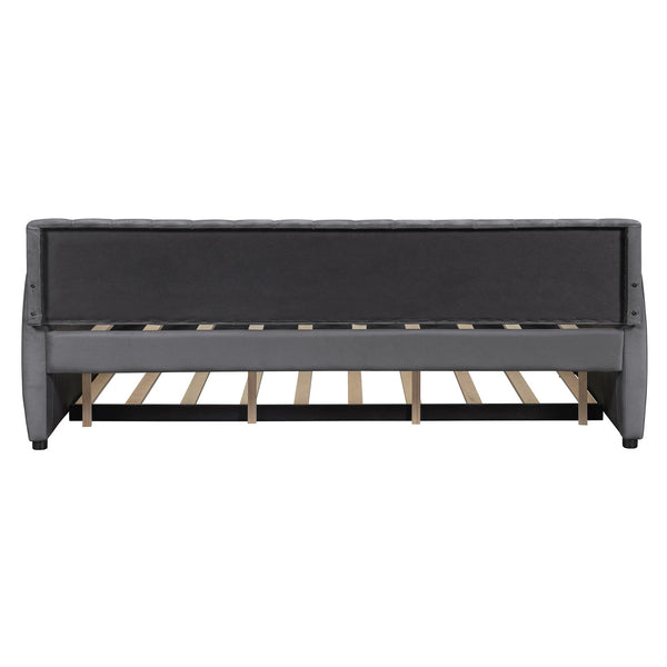 English Elm Full Size Velvet Upholstered Daybed with Pull Out Trundle and Wood Slat Support Gray LP100121AAE